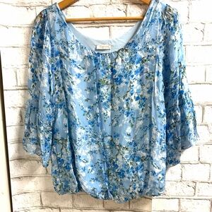 Light Blue Floral Scoop Neck Chiffon Blouse with Flutter Sleeves